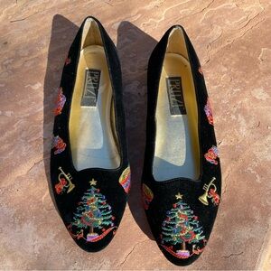 vintage Pritzi black velvet embroidered Christmas holiday flats ballet loafer 9